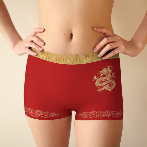 Year of the Dragon Red Undies, Boyshort Ladies Boxers, Lucky Underwear, Lunar New Year Horoscope Lingerie, Comfy Women's Underwear