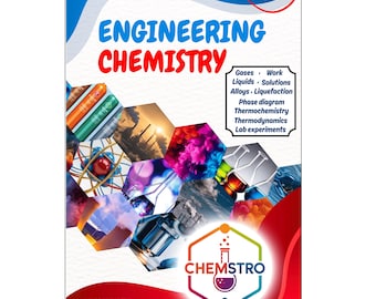 May include: A textbook cover titled "ENGINEERING CHEMISTRY" with a blue and red design. It features colorful hexagonal images and a logo that says "CHEMSTRO." The cover also lists topics like Gases, Liquids, and Thermodynamics.
