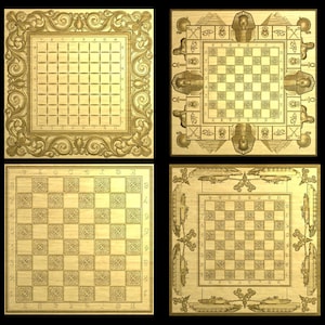 May include: Four intricately carved wooden chess boards. Each board features a different decorative border and design. One board has a floral border, another has an Egyptian theme, and the others have unique patterns.