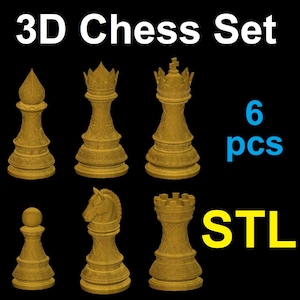 May include: A 3D chess set with six pieces, rendered in a golden hue against a black background. The pieces include a bishop, queen, rook, knight, and pawn. The text "3D Chess Set" and "STL" are displayed.