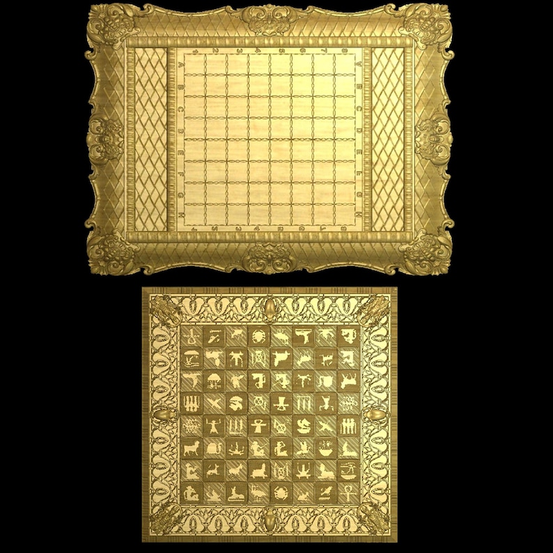 May include: Two ornate, gold-colored game boards. The top board has a grid pattern, while the bottom board features a series of small, detailed symbols. Both boards are framed with decorative, floral-inspired borders and set against a black background.