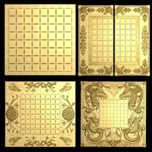 May include: A collection of intricately carved wooden chess boards. The boards feature various decorative elements, including floral patterns and dragon motifs. The squares are clearly defined, ready for play.