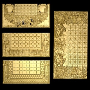 May include: A collection of intricately carved wooden panels. The panels feature detailed relief carvings of medieval scenes, including knights, castles, and geometric patterns. The carvings are in a warm, natural wood tone.