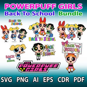 Puede incluir: Un paquete digital con los personajes de Las Supernenas con el tema "Back to School". La imagen incluye varias ilustraciones de los personajes con útiles escolares y el texto "Back to School". Los formatos de archivo son SVG, PNG, AI, EPS, CDR y PDF.