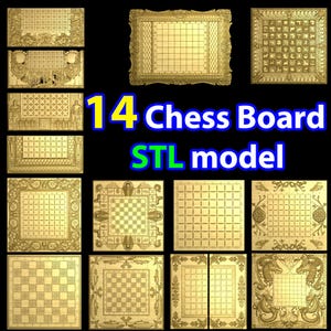 May include: A collection of 14 gold-colored chess board STL models. The boards feature various ornate designs, including framed and patterned styles. The image includes the text "14 Chess Board STL model" in yellow and blue.