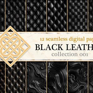 12 Black Leather Seamless Digital Paper, Scrapbook Black Leather, Printable leather texture, black background texture commercial use Set1