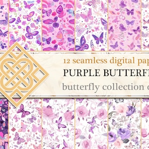 Purple Butterflies Floral Digital Paper Set, Seamless Butterfly floral Junk Journal Paper, Printable Purple Butterfly, Digital Scrapbooking