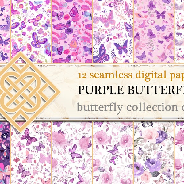 Purple Butterflies Floral Digital Paper Set, Seamless Butterfly floral Junk Journal Paper, Printable Purple Butterfly, Digital Scrapbooking