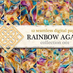May include: A set of 12 digital papers featuring seamless patterns of colorful agate with gold accents. The patterns are abstract and resemble a rainbow.