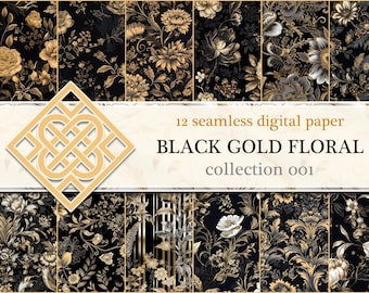 Black Gold Floral Digital Paper, Seamless Pattern, Gold Rose Floral Pattern, Floral Sublimation, Dark Floral texture, Commercial Use Set #1