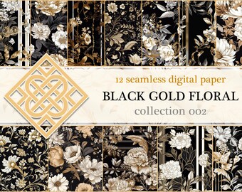 Black Gold Floral Digital Paper, Seamless Pattern, Gold Rose Floral Pattern, Floral Sublimation, Dark Floral Texture, Commercial Use Set #2