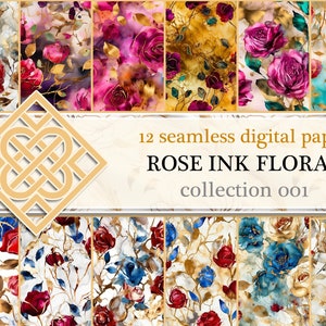 Seamless Rose floral digital paper, alcohol ink pattern, printable scrapbook paper, watercolor ink texture backgrounds, Commercial Use Set 1