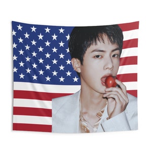 BTS Jin Flag Banner, Jin Bts Kpop American Flag Tapestry Kim SeokJin BTS Kpop Merch Decor, Gift Ideas for Army Kpop Fan Wall Decor Room BTS
