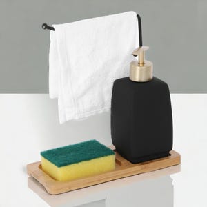 Sink Organizer, 5-piece sink organizer, tidy sink ceramic soap dispenser, bamboo bowl and towel holder