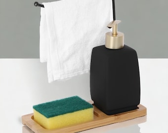 Sink Organizer, 5-piece sink organizer, tidy sink ceramic soap dispenser, bamboo bowl and towel holder