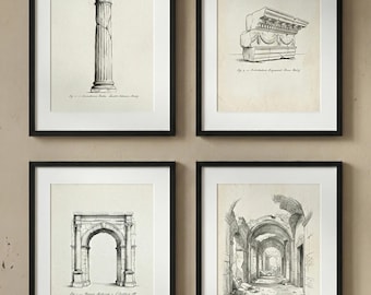 Roman Architecture Wall Art Set of 4, RH Style Vintage Architectural Sketches (Digital Download)