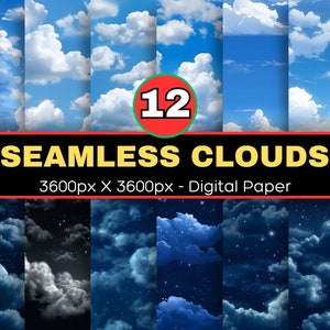 Seamless Clouds Digital Paper, Cloud Background, Repeating Pattern, Cloudy Textures