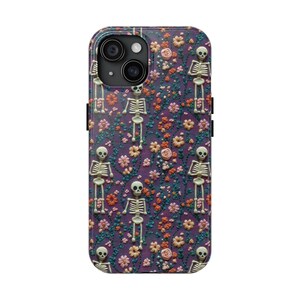 Vintage Skeleton in Bloom Phone Case Embroidered Floral Charm iPhone Cover Gothic Cottagecore Halloween gift for her