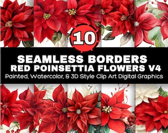 Red Poinsettia Flower Border Clip Art, Christmas Floral Graphics (Digital Download)