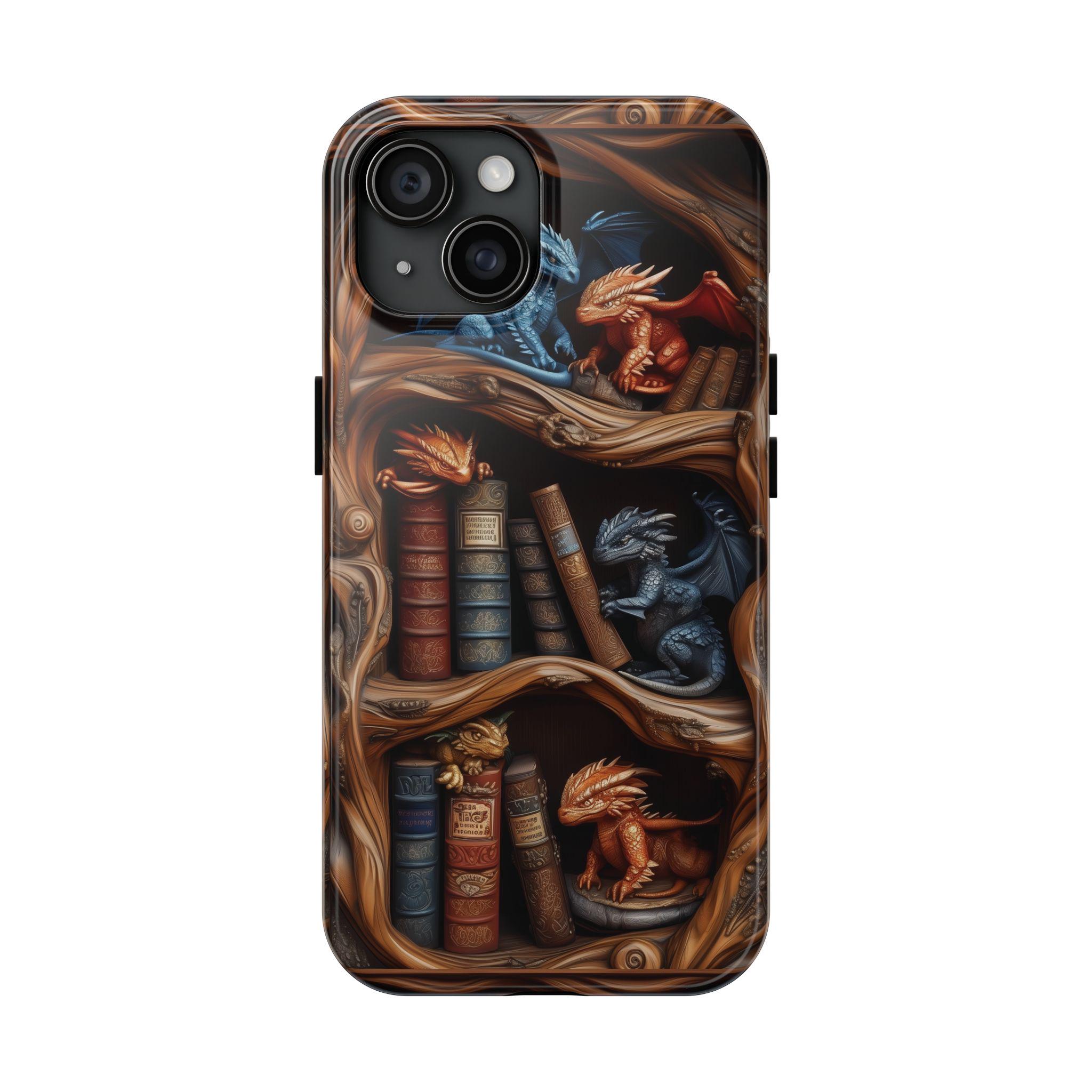 Bookish Dragon Bookshelf iPhone Case 3D wood Carved Illusion