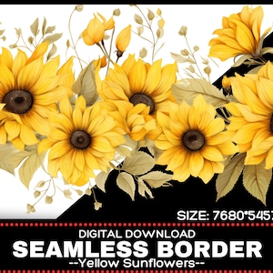 Bordure de tournesols jaunes | Cadre de bordure florale | Clipart floral numérique sans soudure | Carte d&#39;invitation de mariage | Téléchargement numérique