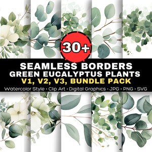 30+ Seamless Eucalyptus Watercolor Borders Clip Art v1 v2 v3,