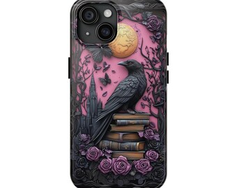Gothic purple Bookshelf Phone Case Dark raven Academia black crow Witch floral Book Lover Reading iPhone gift idea for her