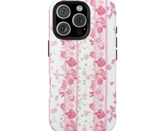 Pink blushing floral rose design and striped pattern and lace on iPhone case with a white background in a vintage inspired style border