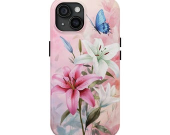 Beautiful blooming tiger lily in pink and white with a blue butterfly flying by iPhone case for her