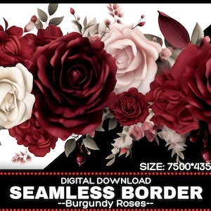 Bordure de roses de Bourgogne | Cadre de bordure florale | Clipart de fleurs numériques sans soudure | Carte d'invitation de mariage | Téléchargement numérique