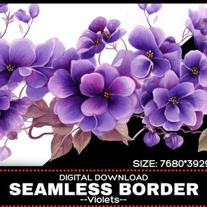 Lila Nahtlose Veilchen Blumen Bordüre | Digitale Blumen Clip Art | Hochzeitseinladungskarte | Sofort Download