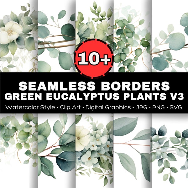 10+ Seamless Eucalyptus Watercolor Borders Clip Art v3, Wedding Invitation, Greenery Set, Green Leaves Frame PNG, Floral Border SVG, Foliage