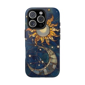 Stained glass moon and sun galaxy starry night sky, phone case cover design celestial  iPhone case gift for her