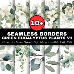 10+ Seamless Eucalyptus Watercolor Borders Clip Art v1, Watercolor eucalyptus border clipart, Greenery seamless design, Green leaves frame