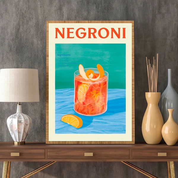 Arte de receta de cóctel DIY / Impresión de cóctel Negroni / Arte de bar retro / Impresión de alcohol de moda / Ilustración de cóctel exclusivo / Arte imprimible