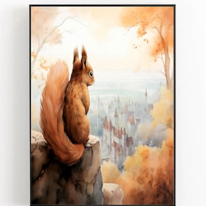 Skurrile süße Eichhörnchen Kunst | SOFORTIGER DOWNLOAD | Poster für das Kinderzimmer | Last Minute Geschenk | Vintage-Galeriewandkunst | Cottagecore Kunst