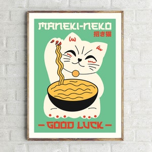 Impresión de Maneki Neko de la Buena Suerte / Póster con ilustración de gato japonés / Impresión de gato de la suerte / Regalo único para amantes de los gatos / Póster de ramen / Obra de arte imprimible