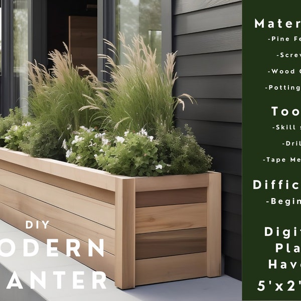 DIY Planter Modern Flower Planter Box Raised Garden Home Decor Digital Download Build Plans Summer Project  5'x2'x2' Woodworking PDF