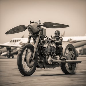Harley Davidson art, custom motorcycle, bobber, chopper, vintage airplane, black and white, steampunk, single propellor, PNG, digital file