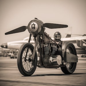 Harley Davidson art, custom motorcycle, bobber, chopper, vintage airplane, black and white, steampunk, single propellor, PNG, digital file