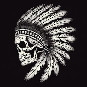 May include: Black and white illustration of a skull wearing a traditional Native American headdress with feathers. The skull is detailed with a prominent jawline and teeth.