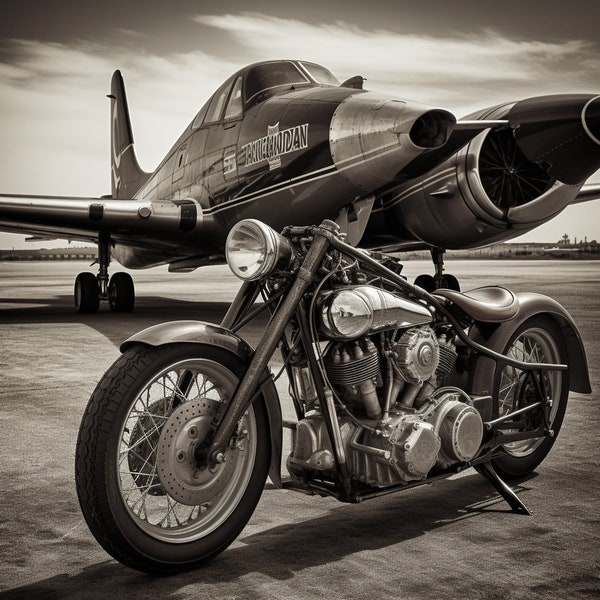 Harley Davidson art, custom motorcycle, bobber, chopper, vintage airplane, black and white, steampunk, single propellor, PNG, digital file