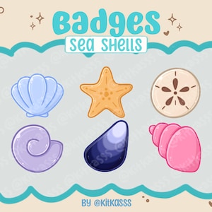 May include: Six colourful cartoon sea shell badges with the text "Badges Sea Shells" and "By @Kitkass" at the bottom.