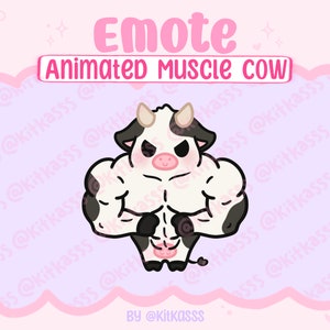 Animowana emotka krowy z mięśniami - Animowana emotka krowy Twitch - Emotka mięśni - Emotka krowy - Kawaii słodka emotka krowy - Emotka Twitch/Discord - Animowana