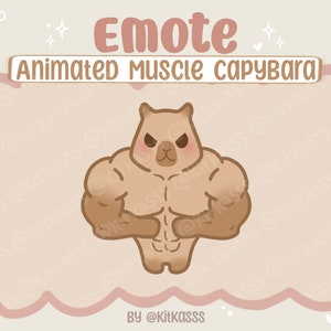 May include: A cartoon illustration of a brown capybara with a muscular physique. The capybara is flexing its biceps and has a determined expression on its face. The background is a light pink with white stars and hearts.