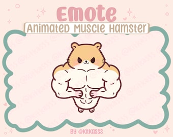 May include: A cartoon illustration of a buff hamster with a determined expression. The hamster is flexing its biceps and has a six-pack. The image is set against a pink background with a cloud-like border and the text "Emote Animated Muscle Hamster" at the top.
