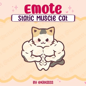 May include: A cartoon illustration of a buff, white, gray, and orange cat with a determined expression. The cat is flexing its biceps and has a six-pack. The text "Emote Static Muscle Cat" is above the cat and "By @KitkassS" is below the cat.
