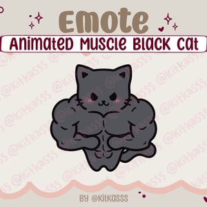 アニメーションエモート - アニメーション黒猫筋肉エモート - 黒猫エモート - かわいい黒猫エモート - 猫エモート - 筋肉を伸ばすエモート - バフエモート