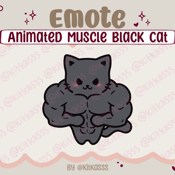 Animated Emote - Animated Black Cat Muscle Emote - Black Cat Emote - Cute Kawaii Black Cat Emote - Cat Emote - Flexing Emote - Buff Emote