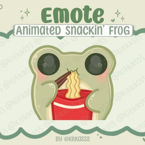 May include: Animated illustration of a green frog eating noodles from a red cup. The frog has large black eyes and a pink blush on its cheeks. The text "Emote Animated Snackin' Frog" is above the frog. The text "By @Kitkasss" is below the frog.